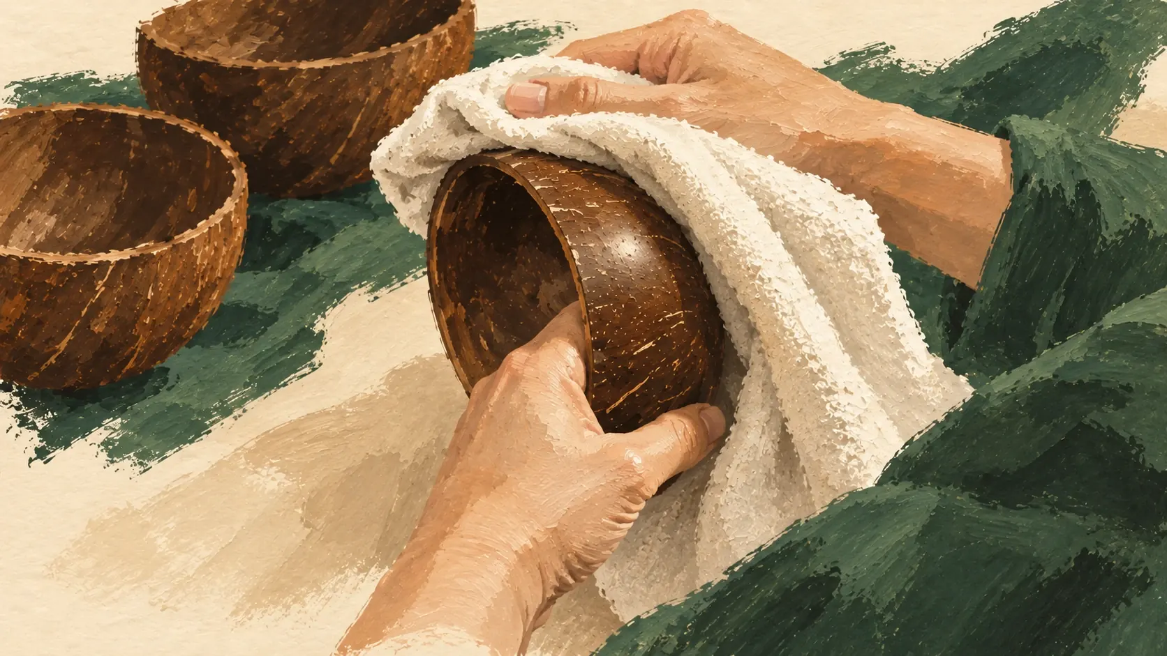Hand-drawn view of the finished coconut bowl being wiped by hand