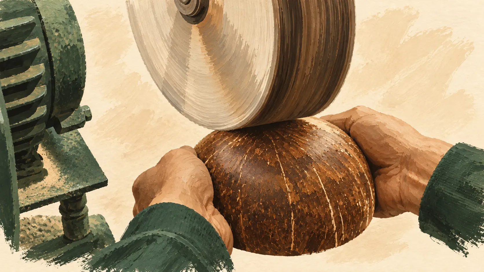 Hand-drawn view of an artisan sanding a coconut bowl smooth