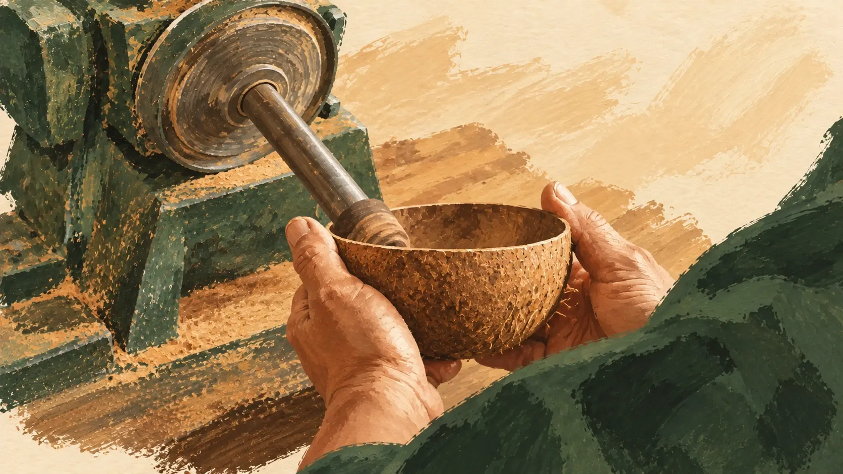 Hand-drawn view of an artisan shaping a coconut shell into a bowl