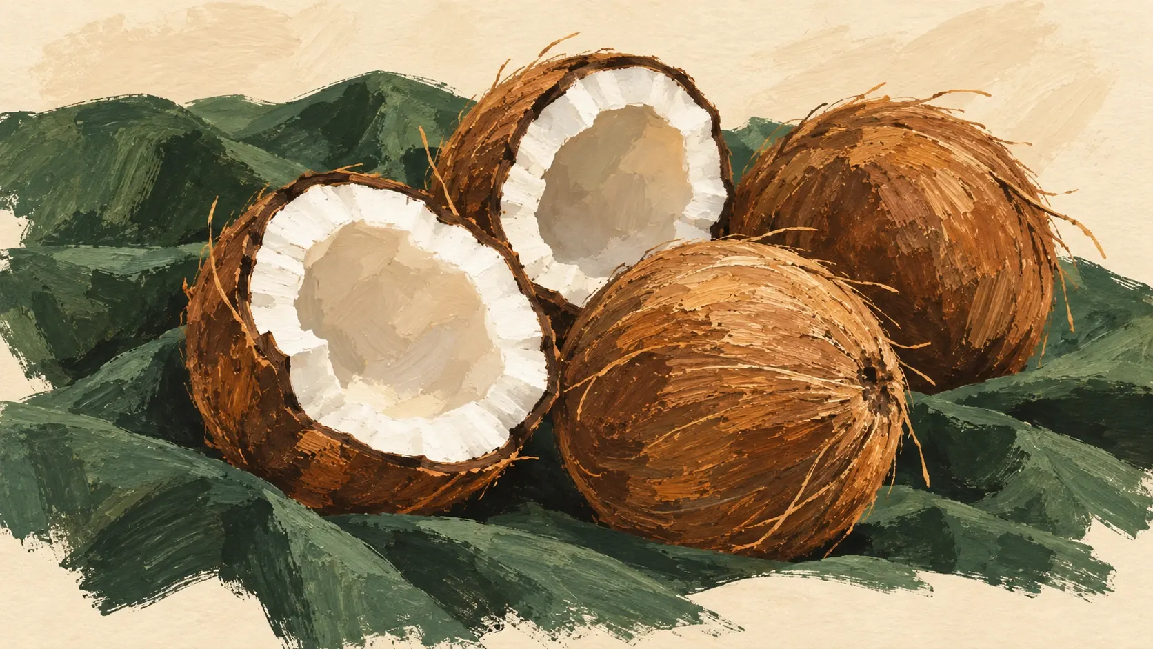 Hand-drawn view of fibrous brown coconuts, with two opened to reveal the white flesh