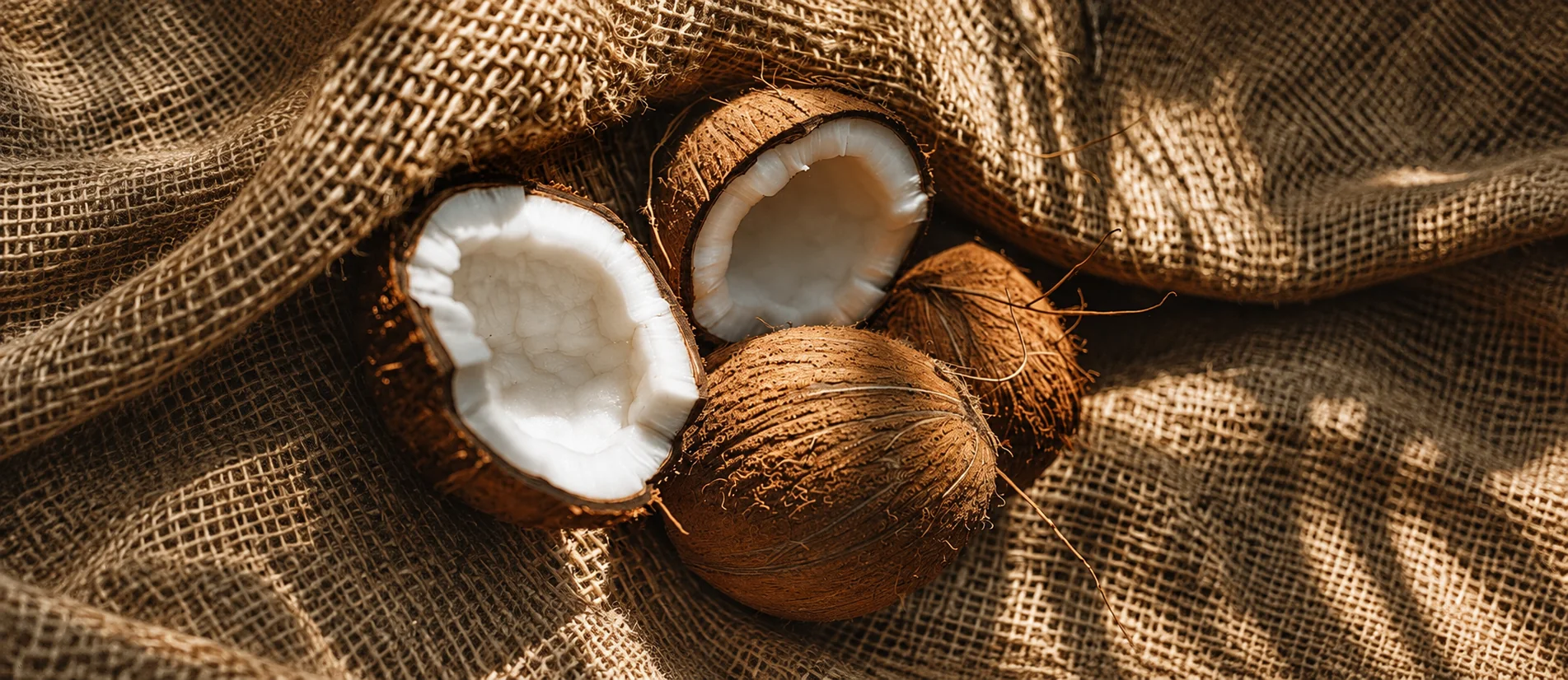 Natural coconut shells resting on woven fabric