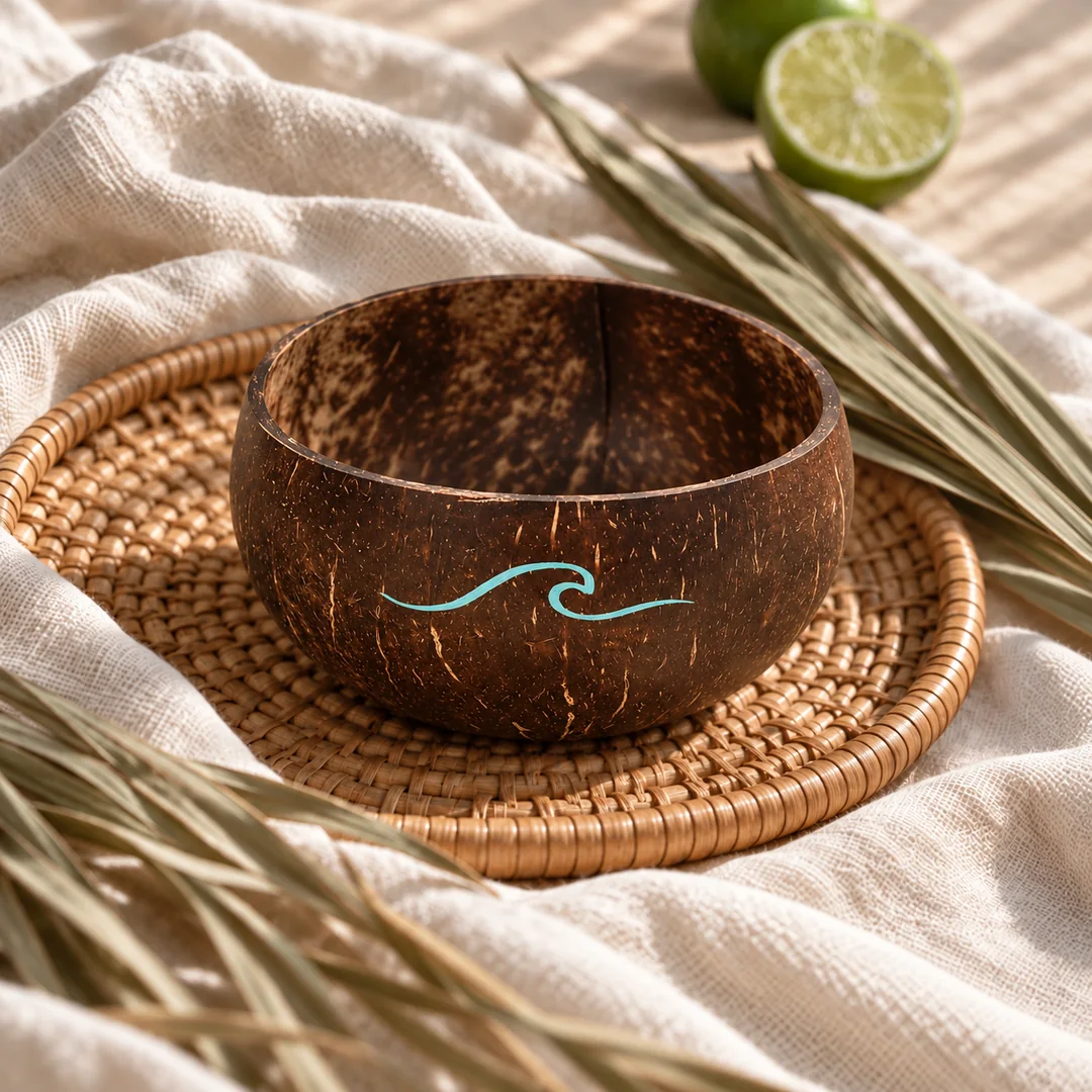Wave Coconut Bowl with its turquoise wave motif on a woven rattan tray and linen