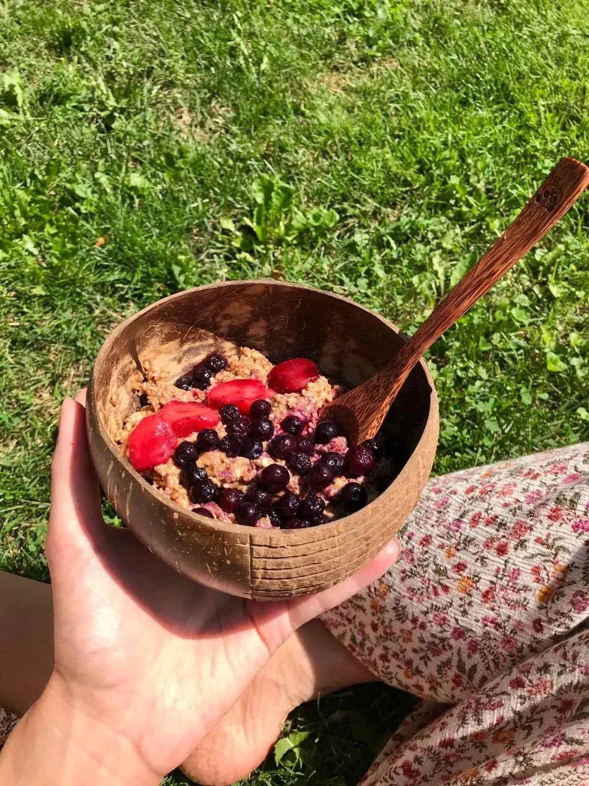 Coconut bowl with fruit enjoyed outdoors